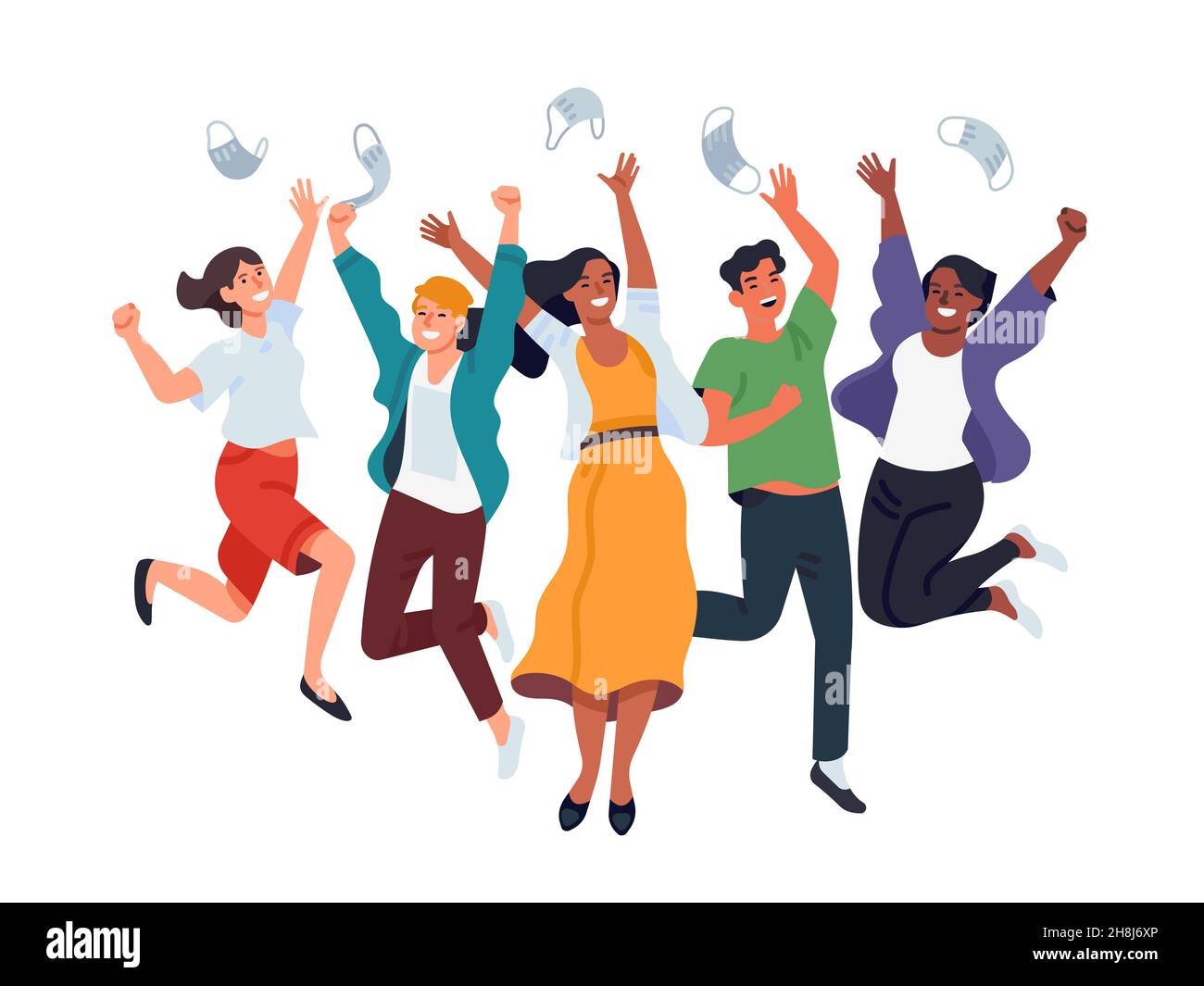 Mask off. Happy young multinational men and women toss medical masks in air, pandemic end, victory over virus. Vector concept Stock Vector