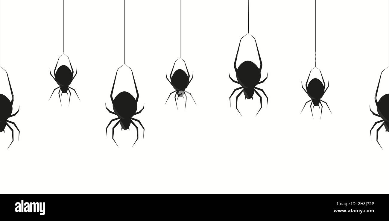 Hanging black spiders. Halloween spidering transparence creepy border with silhouette of scary swing insects seamless decoration Stock Vector