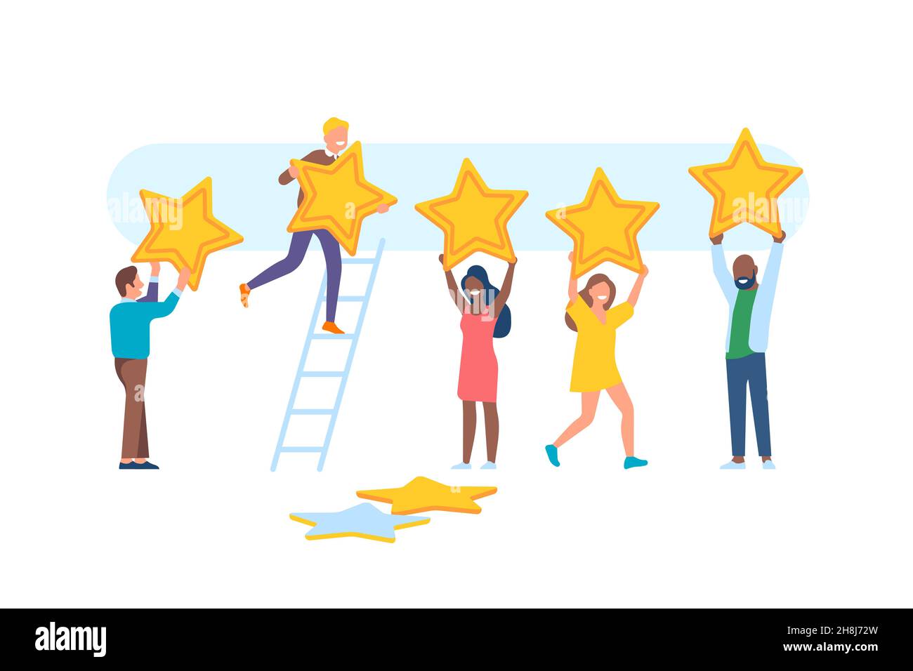 People feedback. Happy men and women characters with big stars, rating