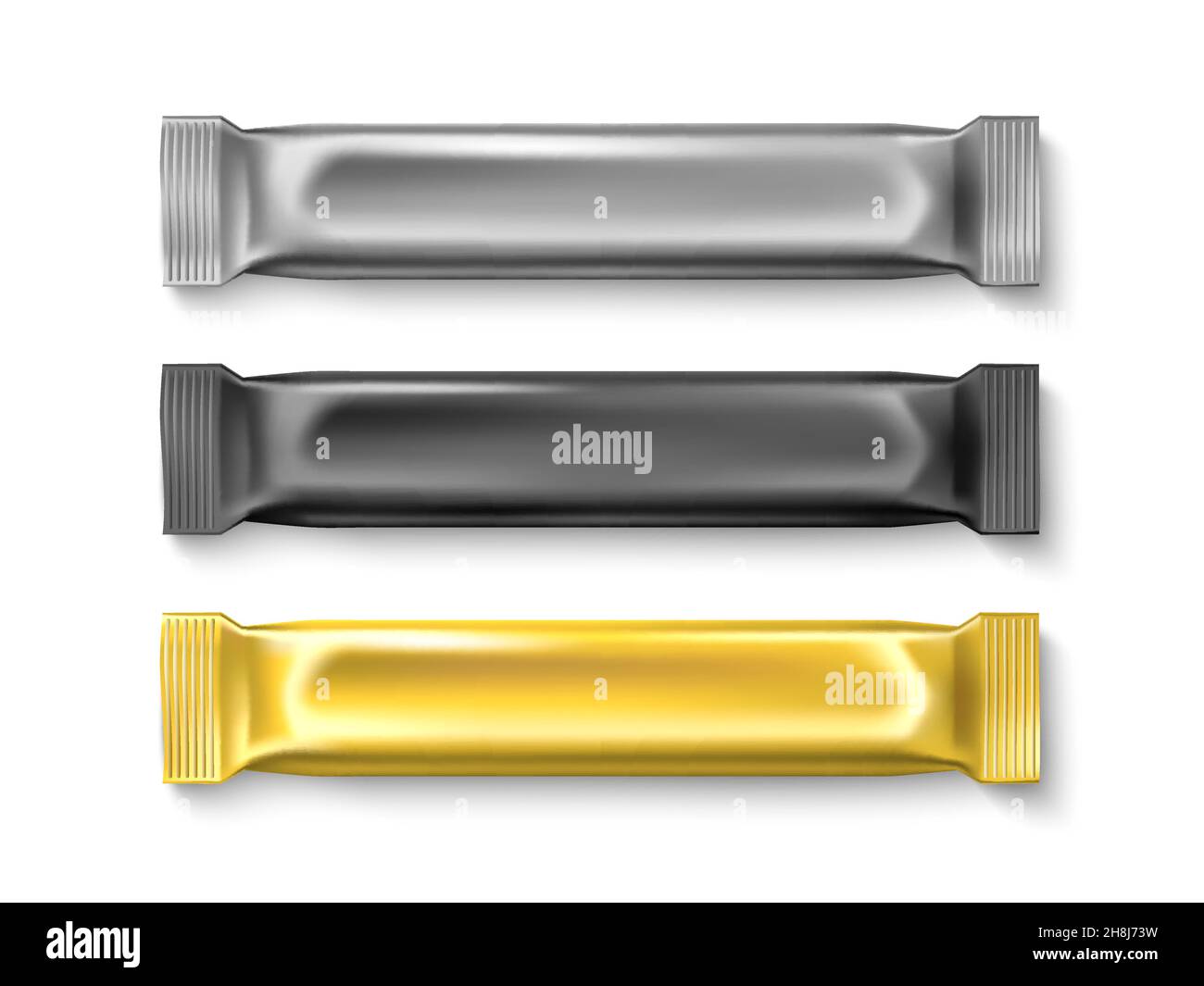 Candy stick packaging. Sugar products foil wrappers, golden, silver, black product, realistic