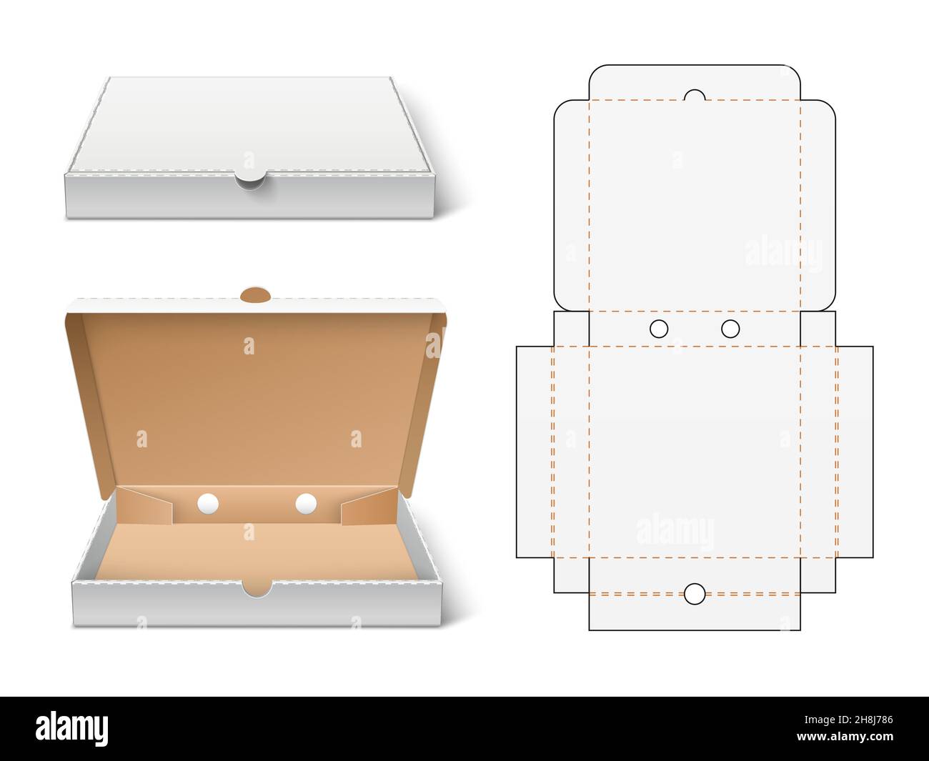 Unwrapped pizza box. Realistic 3d white cardboard fast food packaging mockup, open and closed view, container cutting scheme. Vector concept Stock Vector