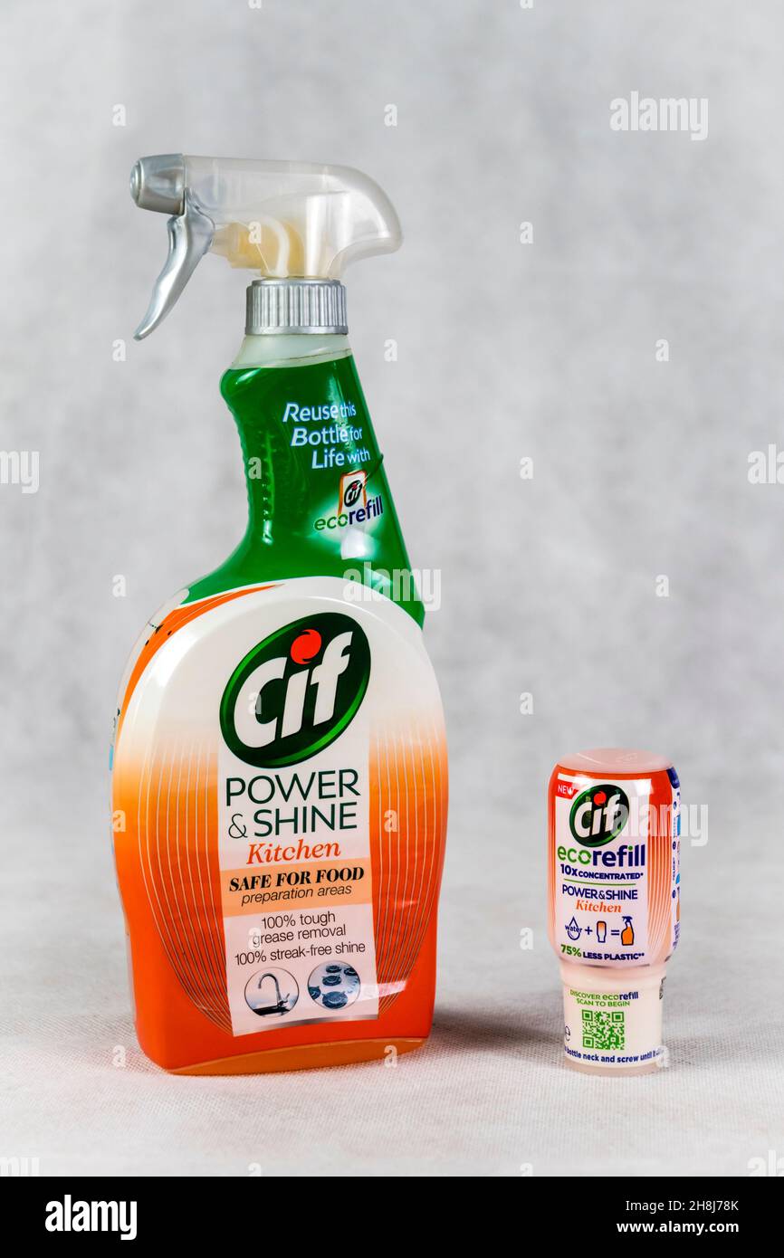 A spray bottle of Cif kitchen cleaner with a refill bottle Stock Photo