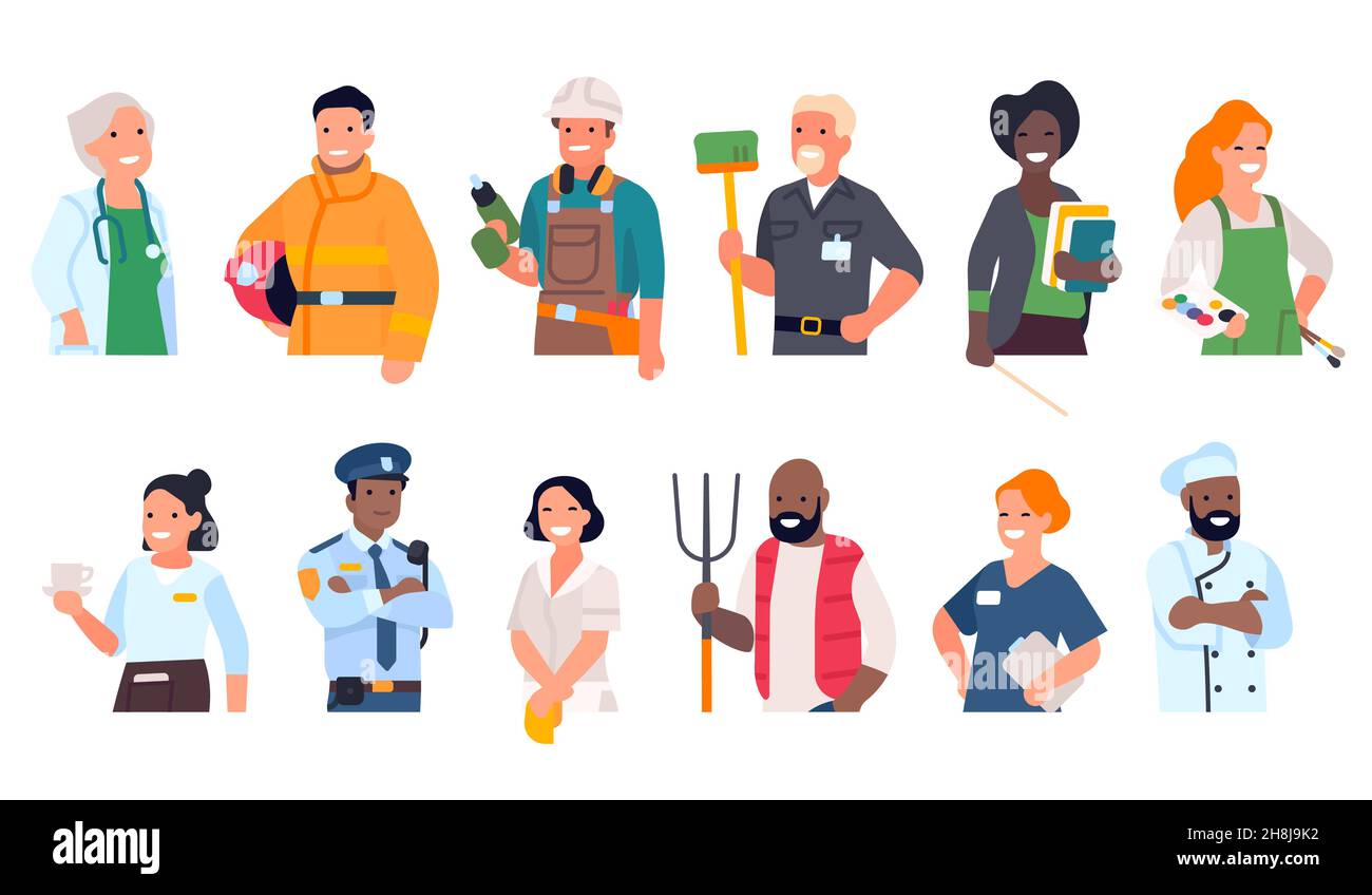 People of different professions. Cartoon worker portraits to waist with hands. Multiethnic men and women in uniform. Smiling person avatars Stock Vector