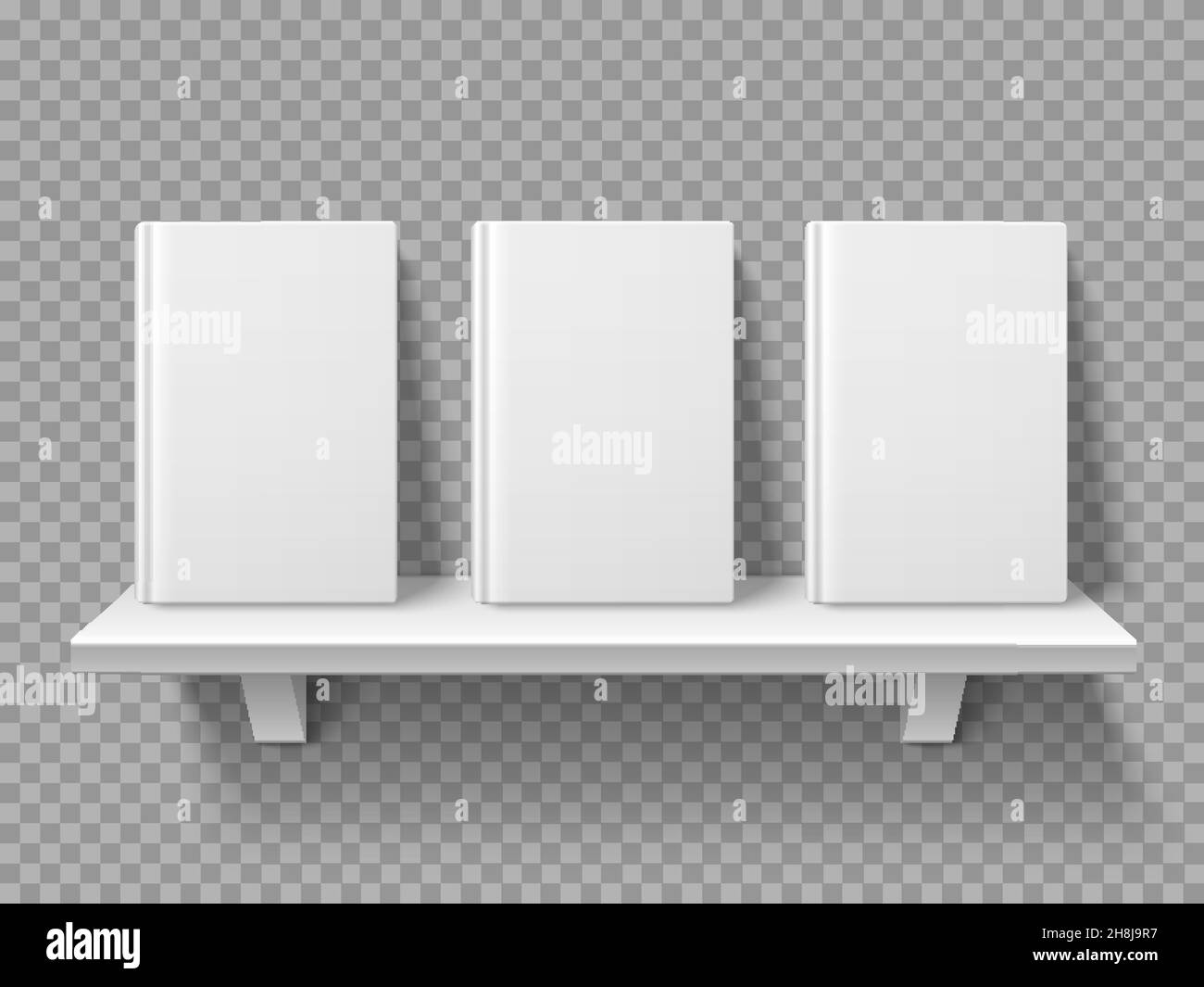 Bookshelf books. Realistic book volumes stand on shelf, blank mockup