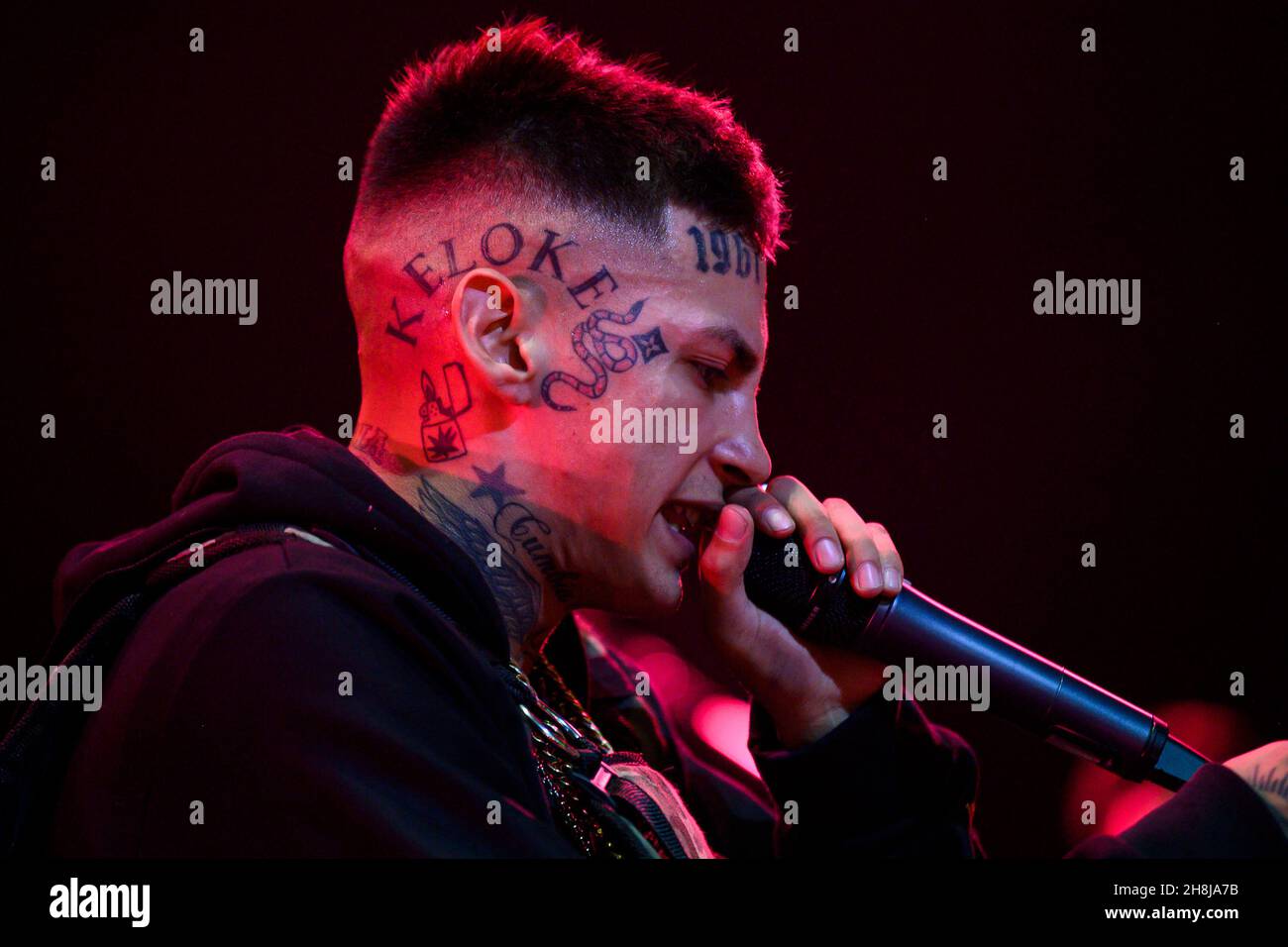 Buenos Aires, Argentina. 29th Nov, 2021. Elian Ángel Valenzuela, commonly known as L-Gante, performs on stage during a music concert at the Luna Park Stadium in Buenos Aires. (Photo by Manuel Cortina/SOPA Images/Sipa USA) Credit: Sipa USA/Alamy Live News Stock Photo