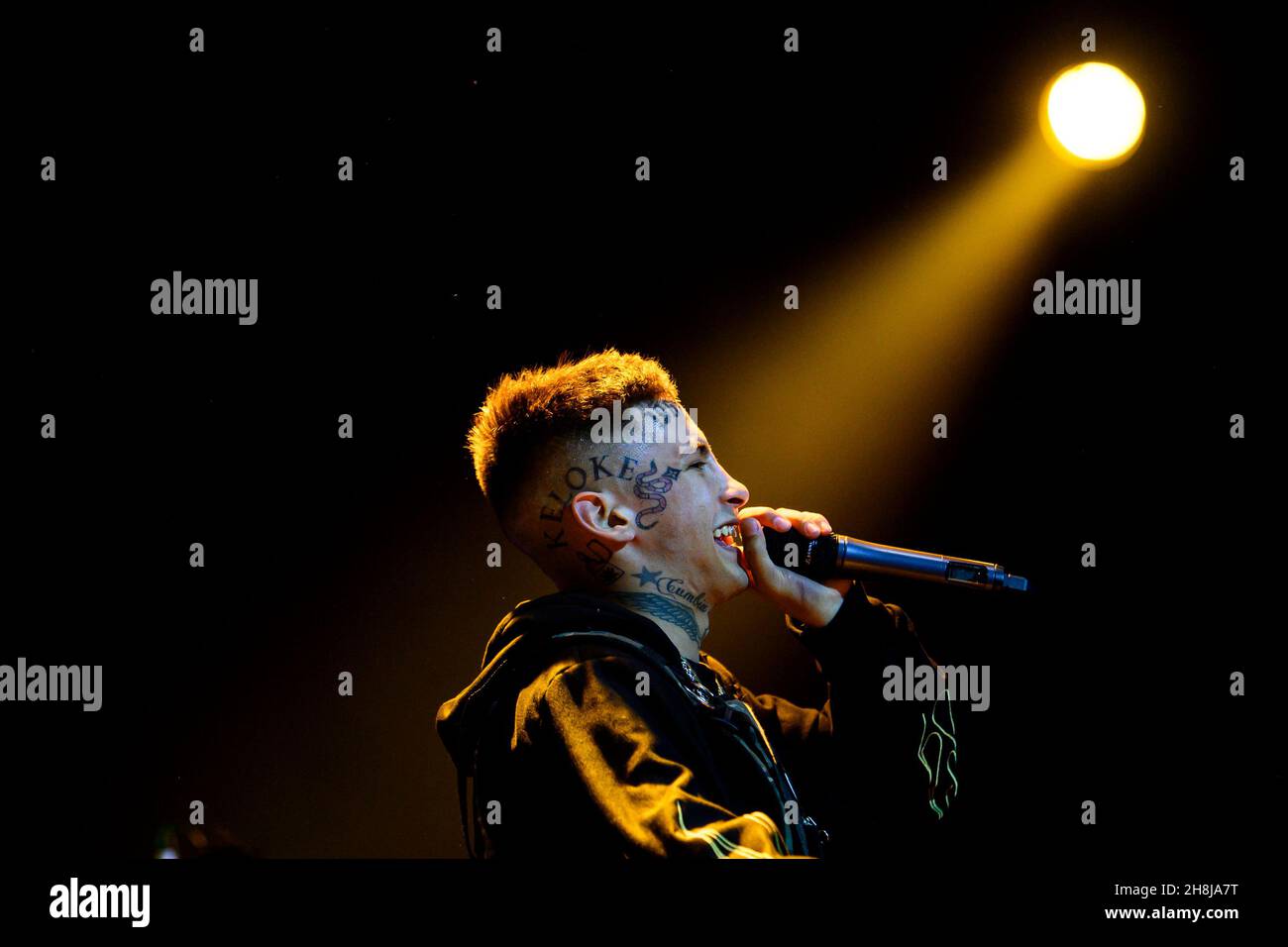 Buenos Aires, Argentina. 29th Nov, 2021. Elian Ángel Valenzuela, commonly known as L-Gante, performs on stage during a music concert at the Luna Park Stadium in Buenos Aires. (Photo by Manuel Cortina/SOPA Images/Sipa USA) Credit: Sipa USA/Alamy Live News Stock Photo