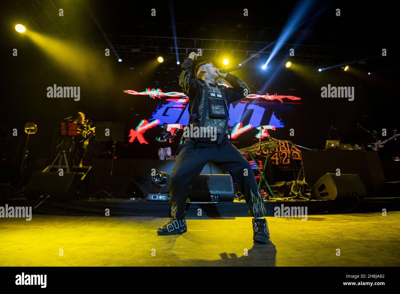 Buenos Aires, Argentina. 29th Nov, 2021. Elian Ángel Valenzuela, commonly known as L-Gante, performs on stage during a music concert at the Luna Park Stadium in Buenos Aires. (Photo by Manuel Cortina/SOPA Images/Sipa USA) Credit: Sipa USA/Alamy Live News Stock Photo