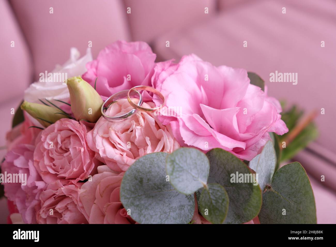 Two wedding rings of white and yellow gold on a bouquet of pink roses. Stock Photo