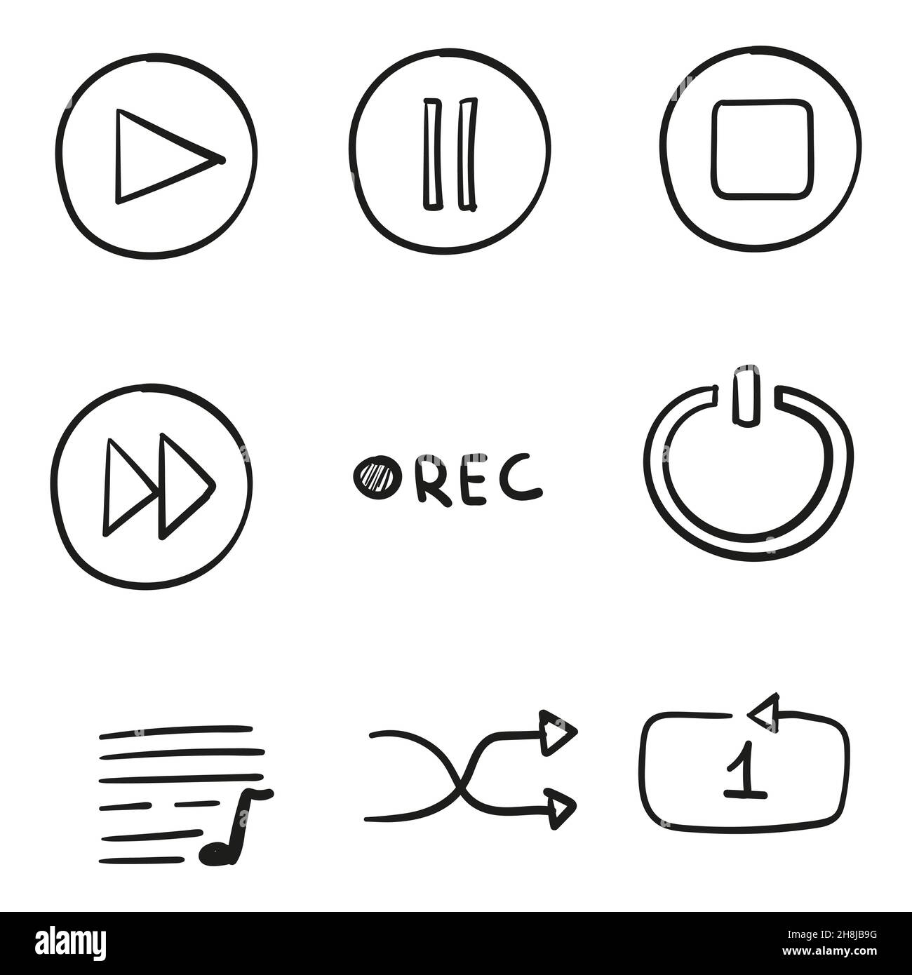 Hand drawn icon music and video player set in doodle style isolated ...