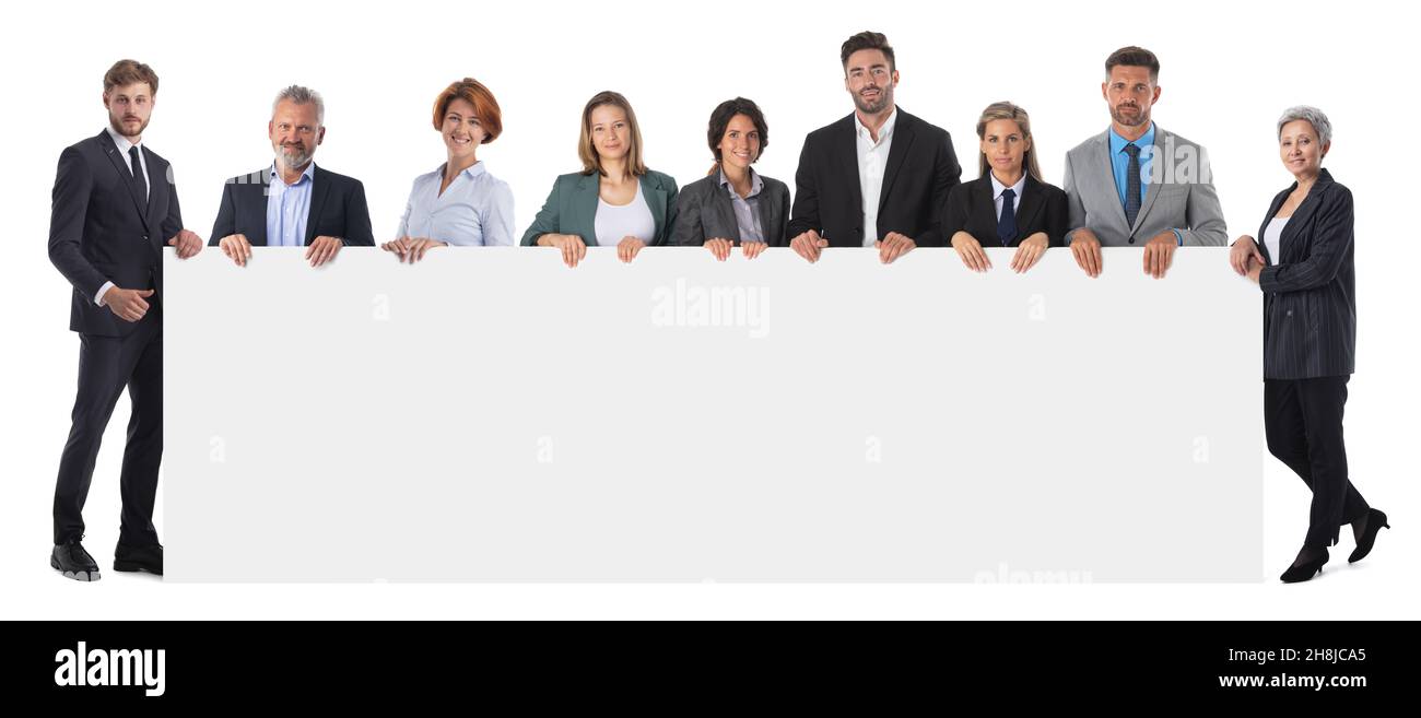Business people group with blank banner isolated over white background,  full length Stock Photo - Alamy