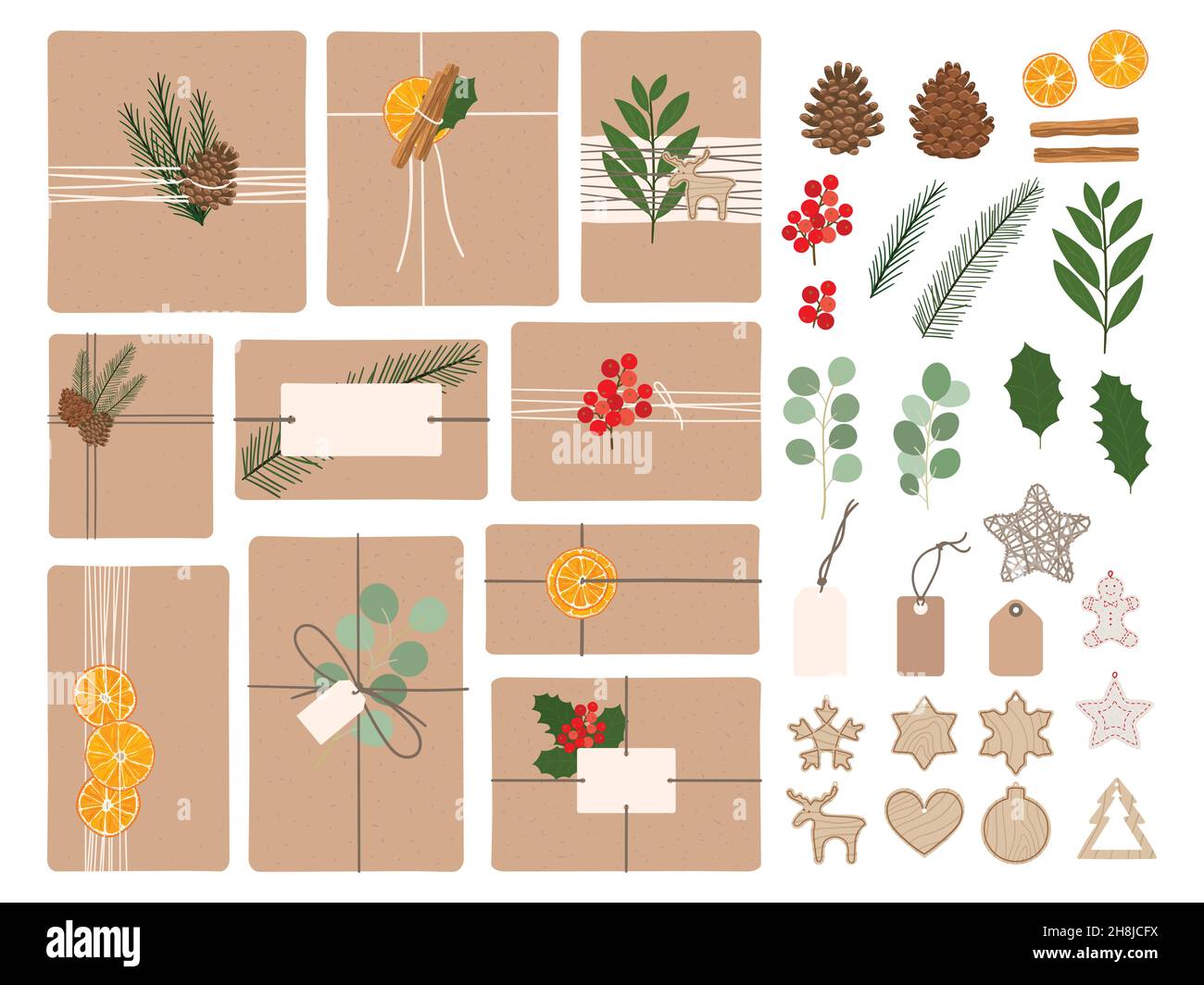 Set of zero waste, eco-friendly packaging gifts. Wrapping present boxes with kraft paper, pine branches, twine ribbon, dry orange, wood toys. Christma Stock Vector