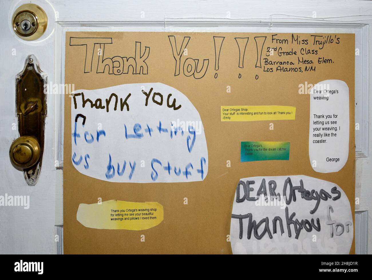 Thank you notes from children who visited Ortega's Weaving Shop in Chimayo, New Mexico, a family business with roots in Spanish Colonial New Mexico. Stock Photo