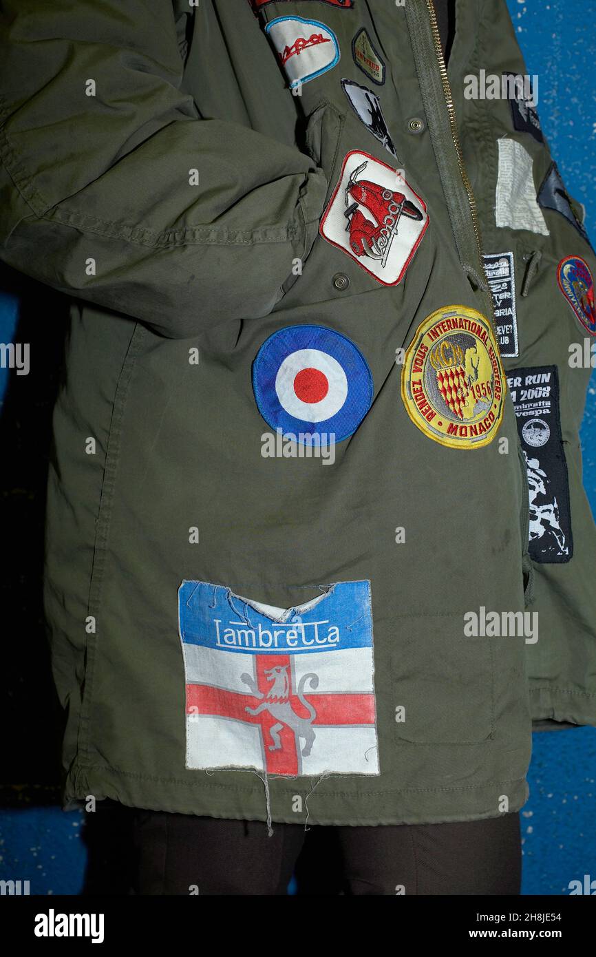 Detail of Mod parka with badges and patches Stock Photo