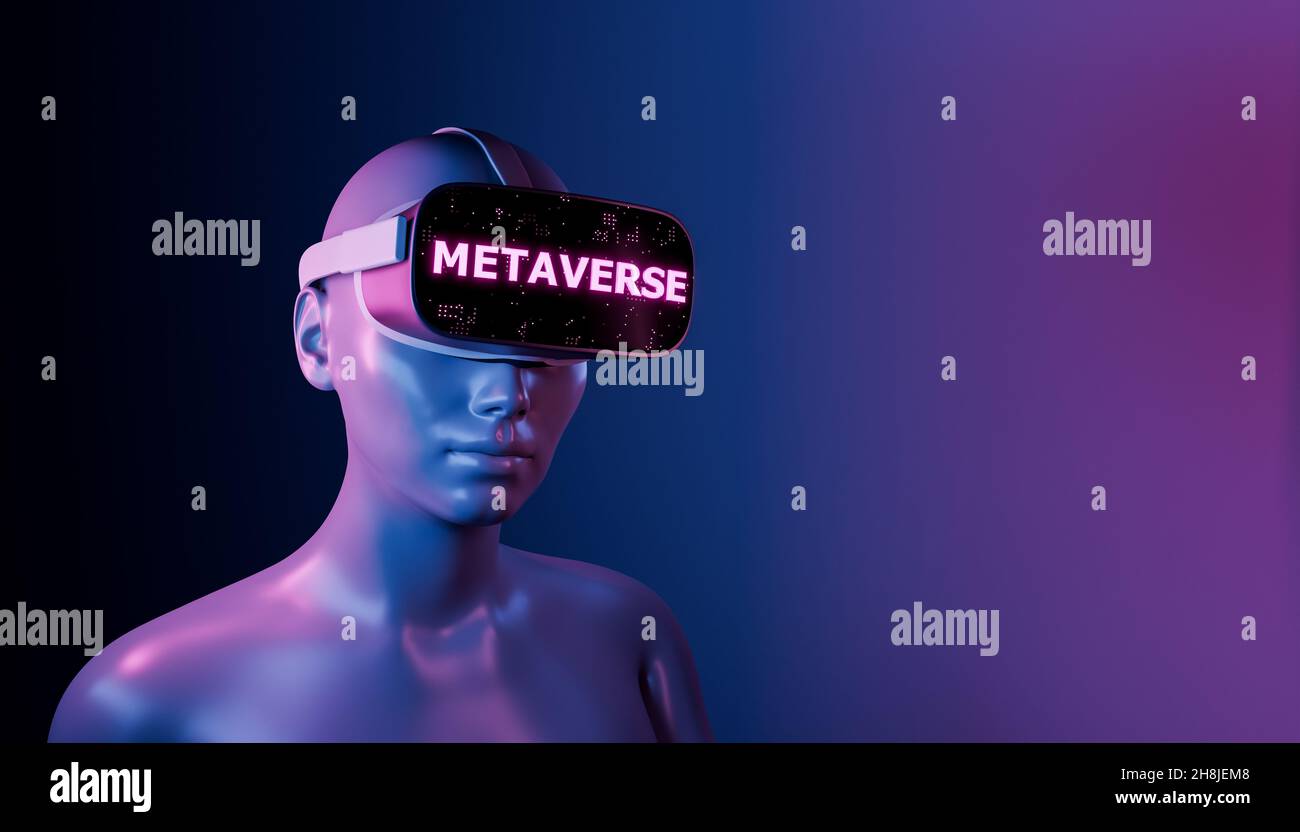 close up of a girl with VR glasses and illuminated sign with the word METAVERSE. futuristic concept of video games, NFT, VR and crypto. 3d rendering Stock Photo