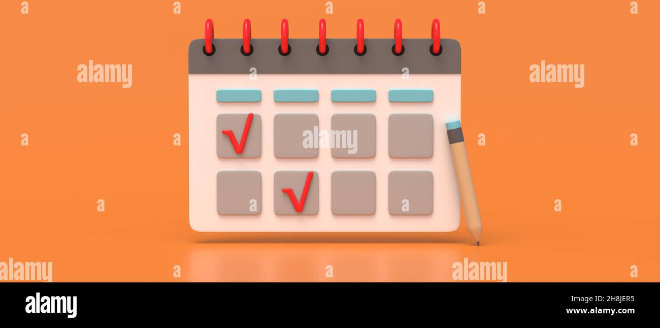 Organizer and pencil minimal design. Calendar binder, checked boxes on orange color background. Meetings  and tasks reminder. 3d illustration Stock Photo
