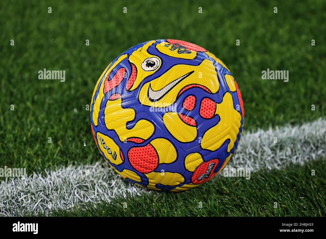 Hi-Vis Premier League Nike Flight Ball on the Pitch at Elland Road Stock Photo