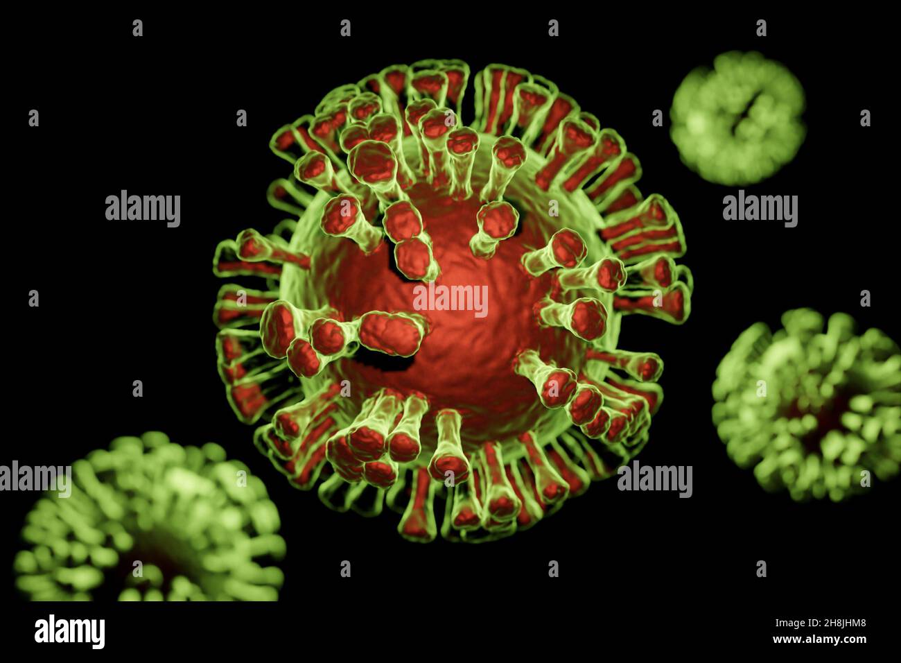 Illustration of Covid-19 Coronavirus cells, visualization of sars-cov-2 model on black background Stock Photo