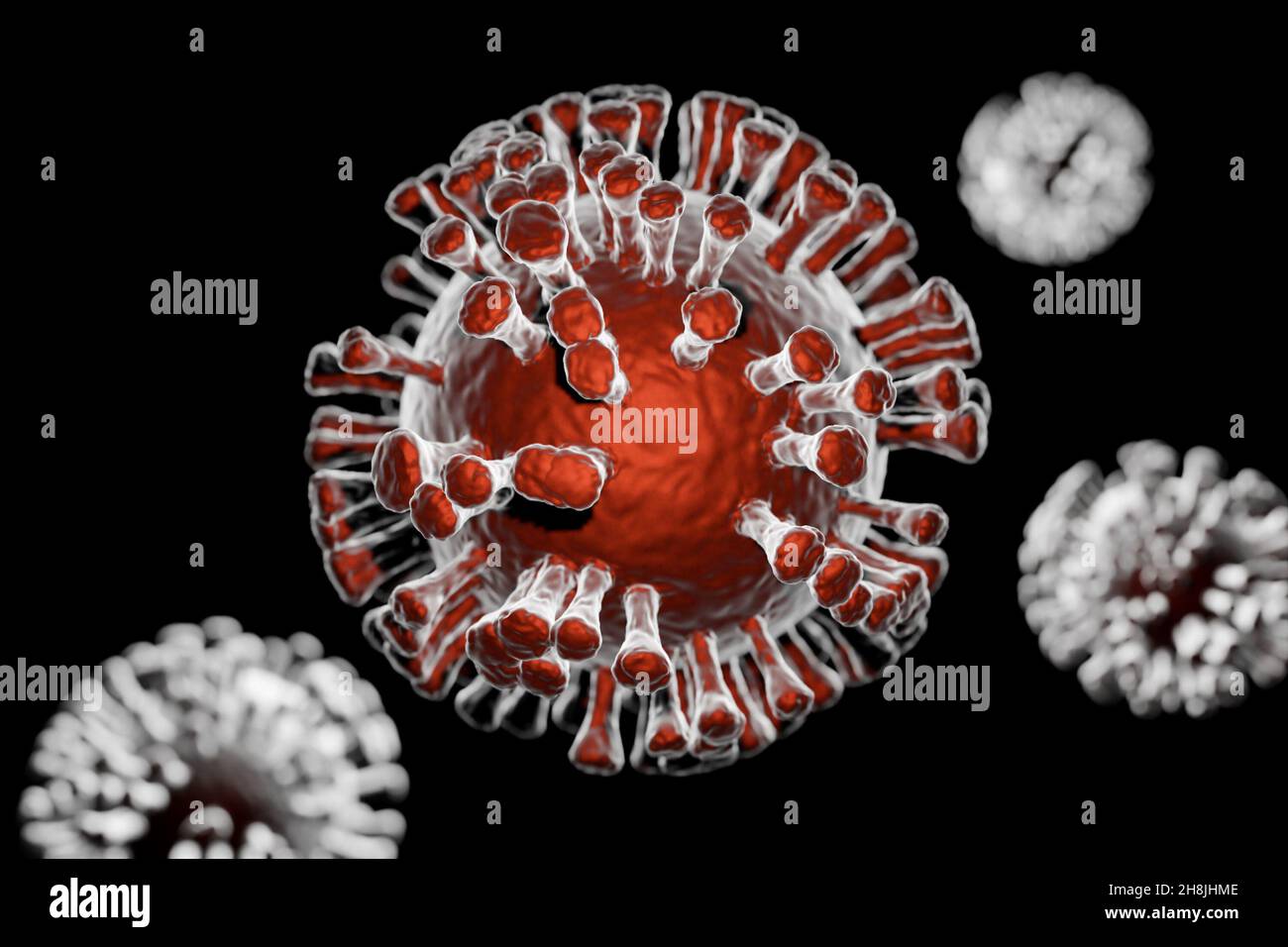 Illustration of Covid-19 Coronavirus cells, visualization of sars-cov-2 model on black background Stock Photo