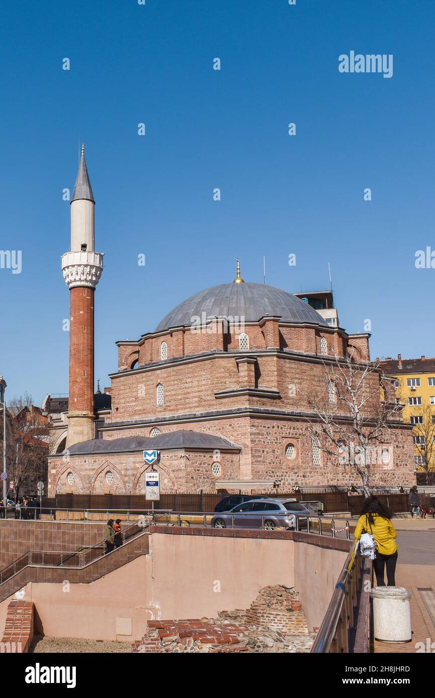 Sofia, Bulgaria - March 4, 2020: The Banya Bashi Mosque in the Bulgarian capital. Center of the city with the ruins of Serdica, clear blue sky Stock Photo