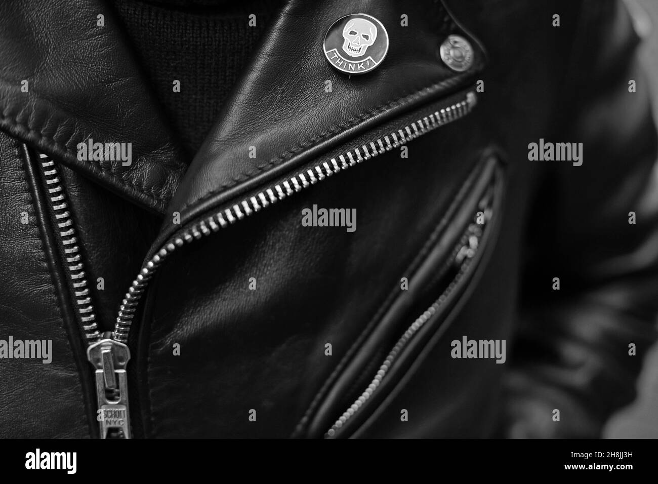 Close-up of black leather jacket details Stock Photo