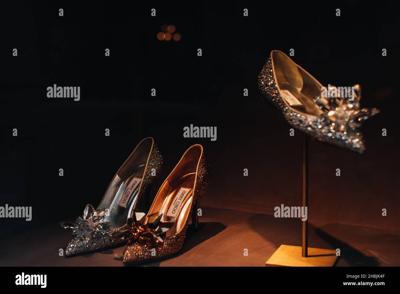 Jimmy Choo Cinderella Edit shoes on display at the luxury store Jimmy Choo in Moscow. Stock Photo