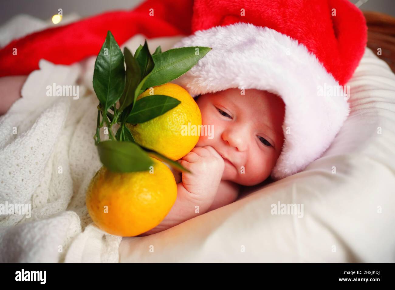Caucasian newborn baby in Santa's Christmas cap lies in a basket with tangerines under a white blanket, lights burning against the background. Stock Photo