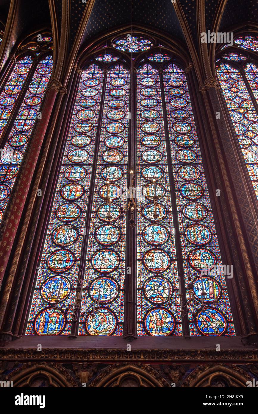 The inside of the famous Sainte Chapelle in Paris with impressing colorful windows, France Stock Photo