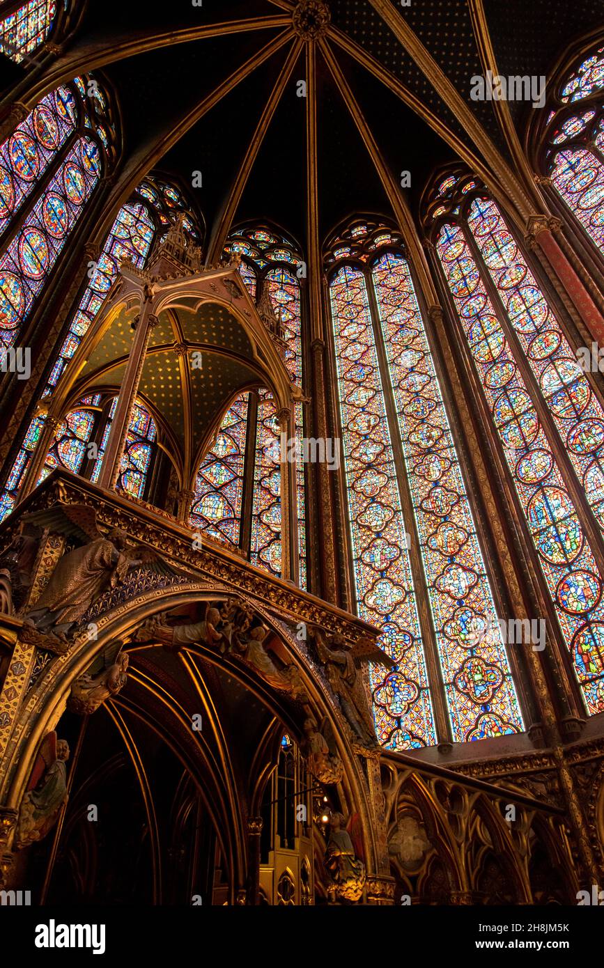 The inside of the famous Sainte Chapelle in Paris with impressing colorful windows, France Stock Photo