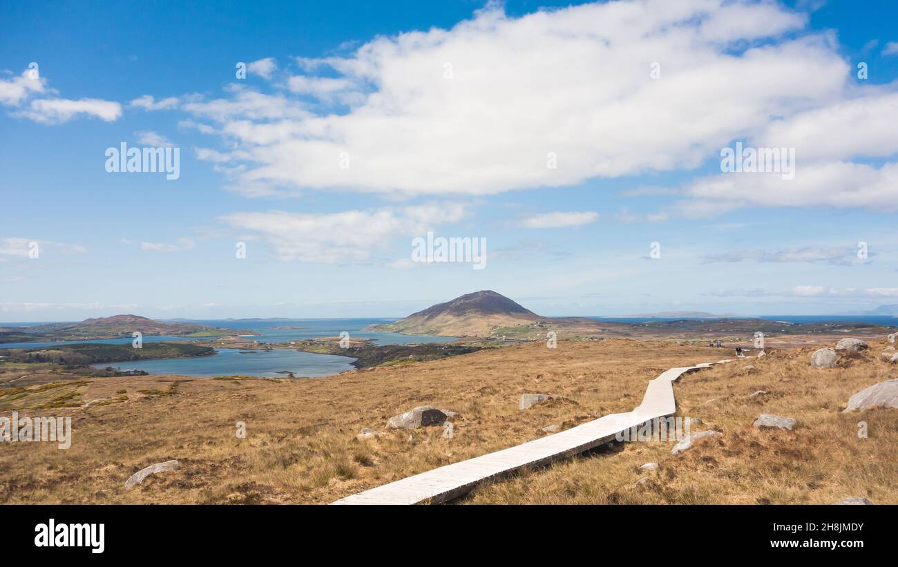 Beautiful scenic view of the Irish landscape looking towards Tully Mountain from Diamond Hill in Connemara National Park, County Galway, Ireland. Stock Photo
