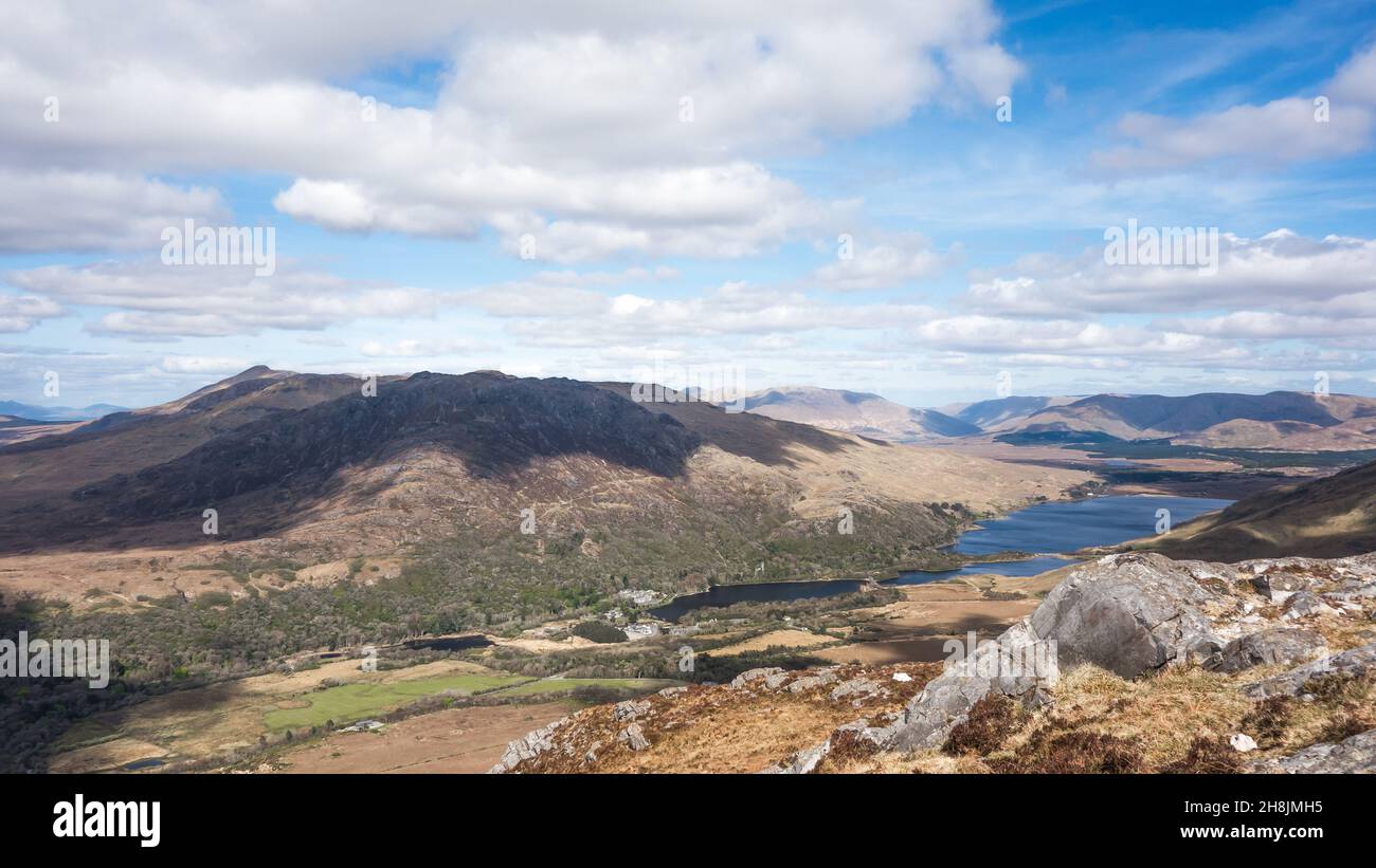 View of Connemara National Park and Lough Kylemore from the summit of Diamond Hill, Connemara, County Galway in the west of Ireland. Stock Photo