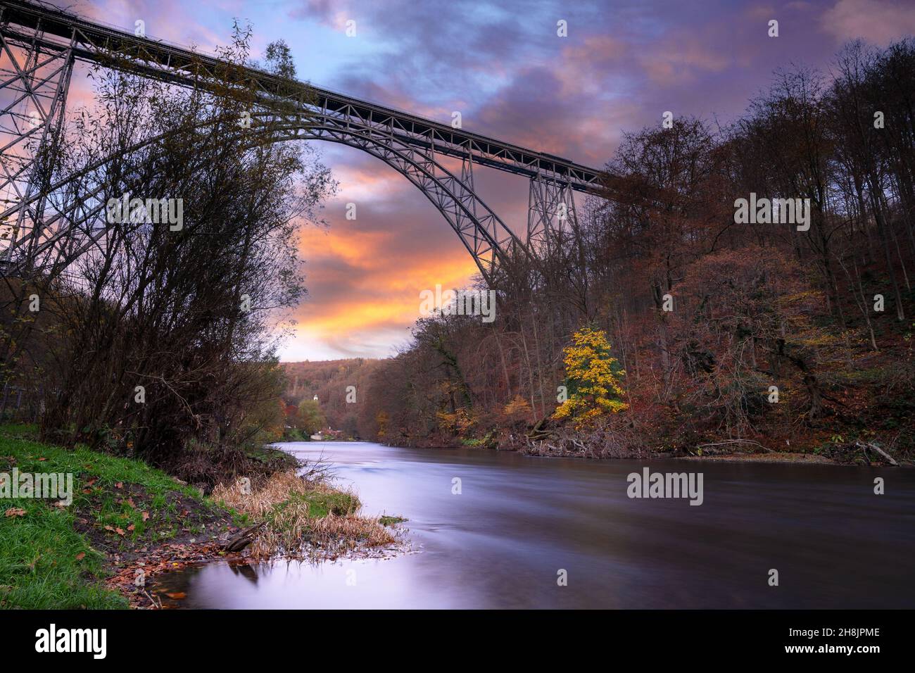 Panoramic image of landmark Mungstener Bridge at sunset, Bergisches Land, Solingen, Germany Stock Photo