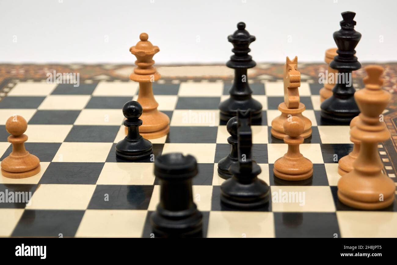 Endgame of a chess match. In this case the game between Kasparov and Deep Blue, which Kasparov won. This match is considered to be a milestone in ches Stock Photo