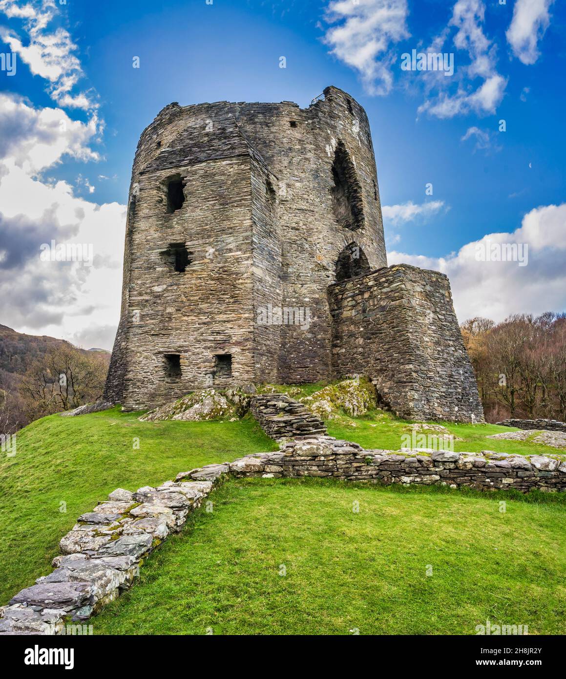 This is the 13th century medieval-round tower fortress of Dolpadarn  Castle built by Llewelyn the Great near the Welsh village of Llanberis Stock Photo