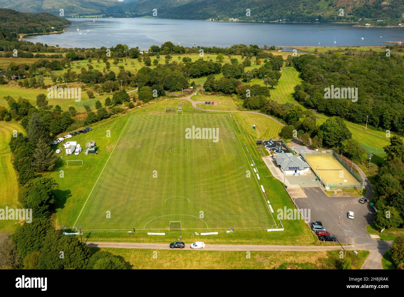 Aerial shot of the Taynuilt Sports Ground, set out for the Glasgow Celtic Society Cup Final, an important shinty cup final in Scotland. Stock Photo
