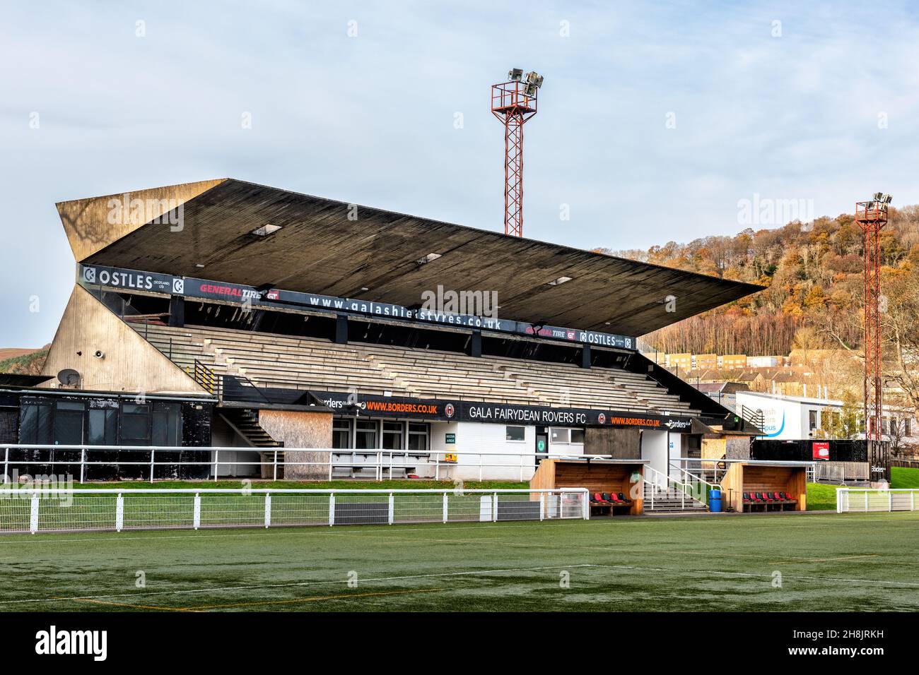 The main spectator stand of Gala Fairydean Rovers FC was designed by architect Peter Womersley and built between 1963 and 1965. Stock Photo