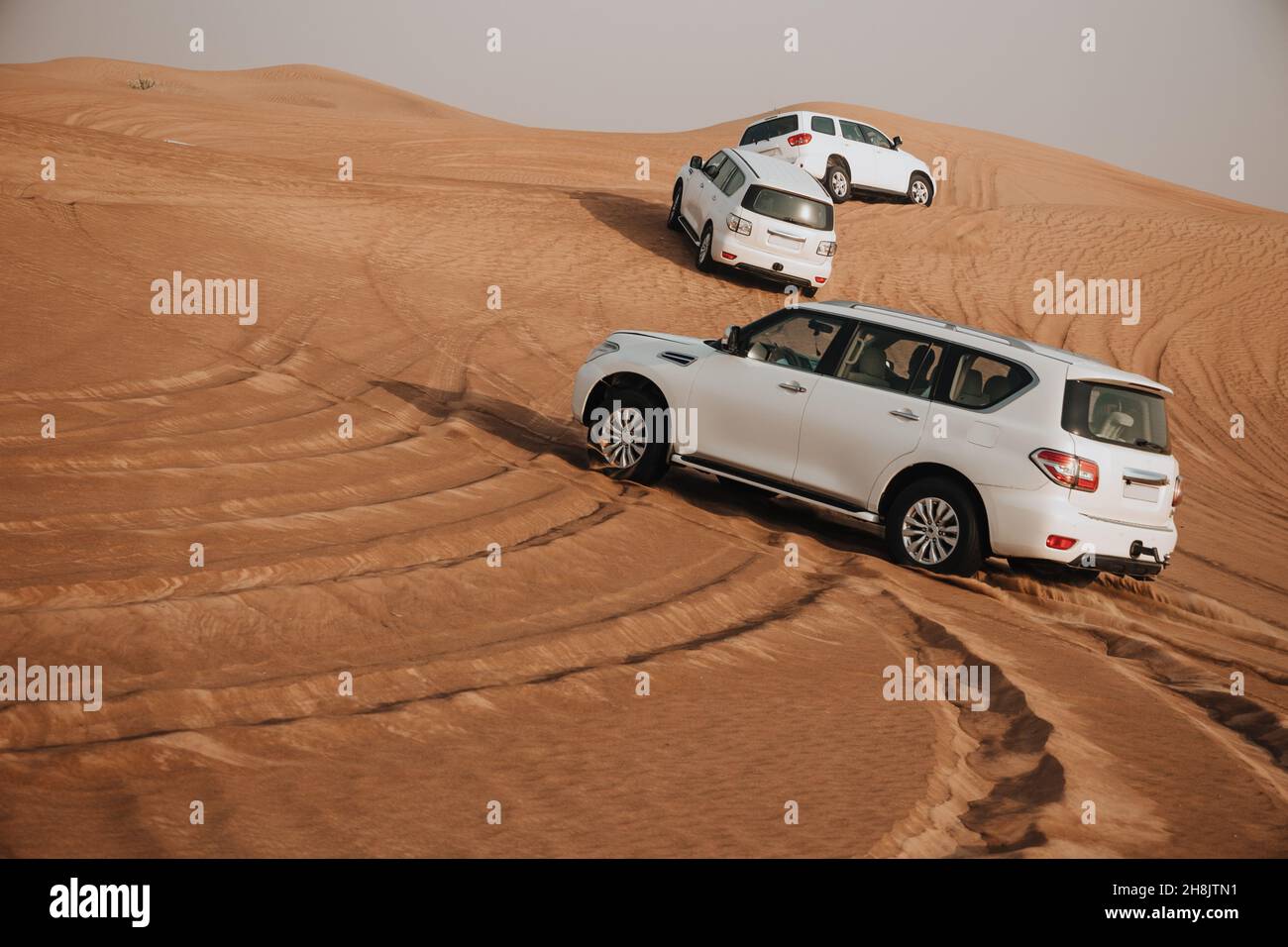 Race in sand desert. Competition racing challenge desert. Car drives offroad with clouds of dust. Offroad vehicle racing with obstacles in wilderness Stock Photo