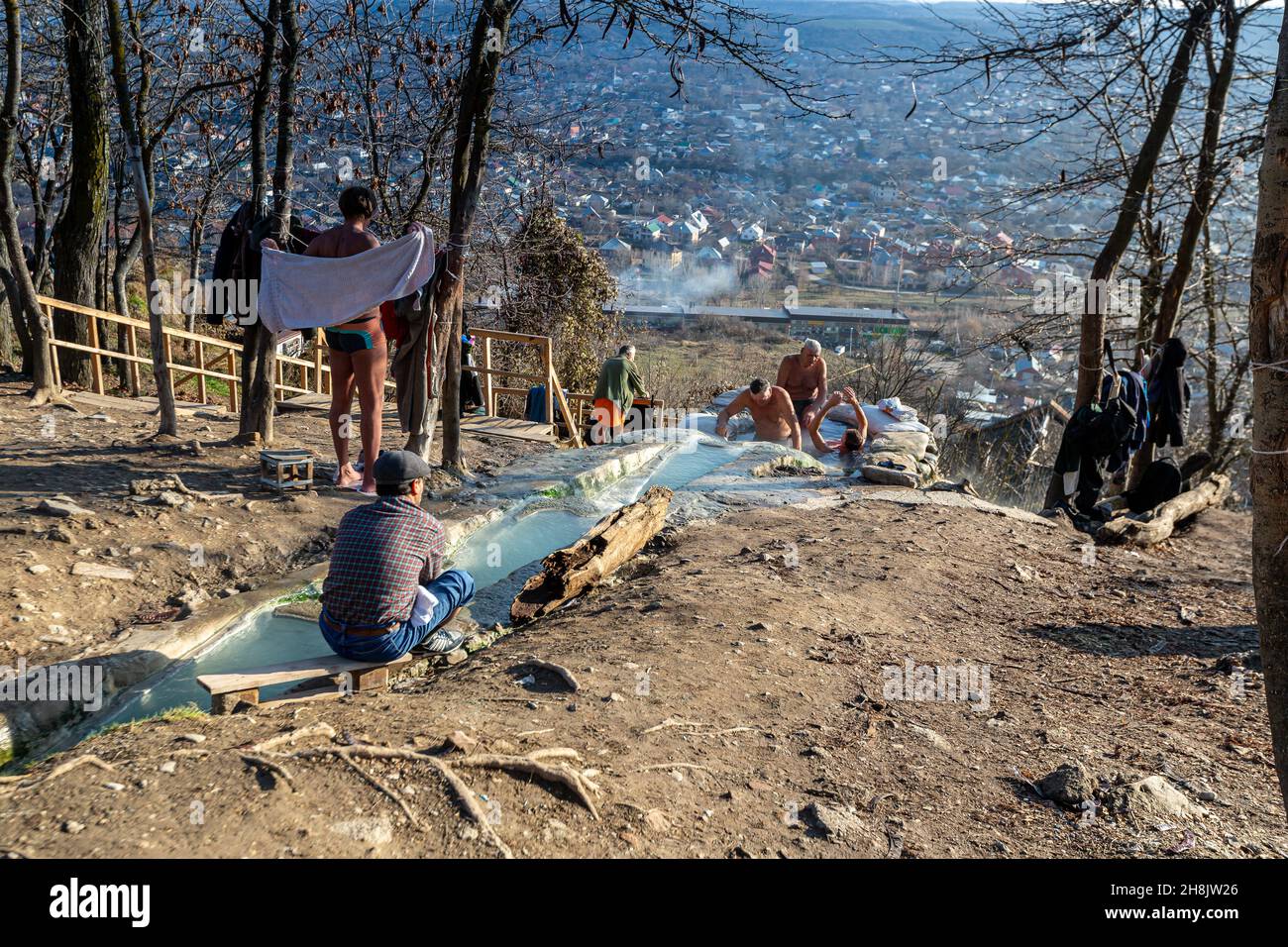 People bathe in mineral water flowing from Lake Proval in the famous resort town of Pyatigorsk Stock Photo