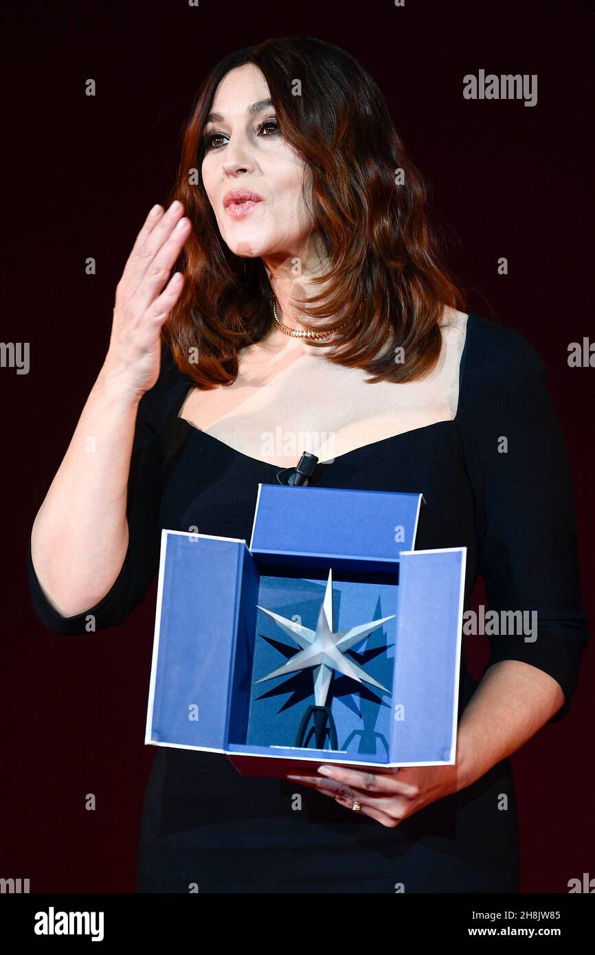 Turin, Italy. 30 November 2021. Monica Bellucci blows kisses during a ceremony to celebrate the actress with the Stella della Mole Award ('Star of Mole') for artistic innovation. Credit: Nicolò Campo/Alamy Live News Stock Photo