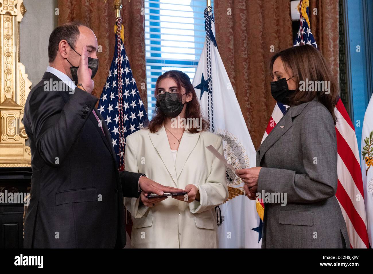 United States Vice President Kamala Harris, right, ceremonially