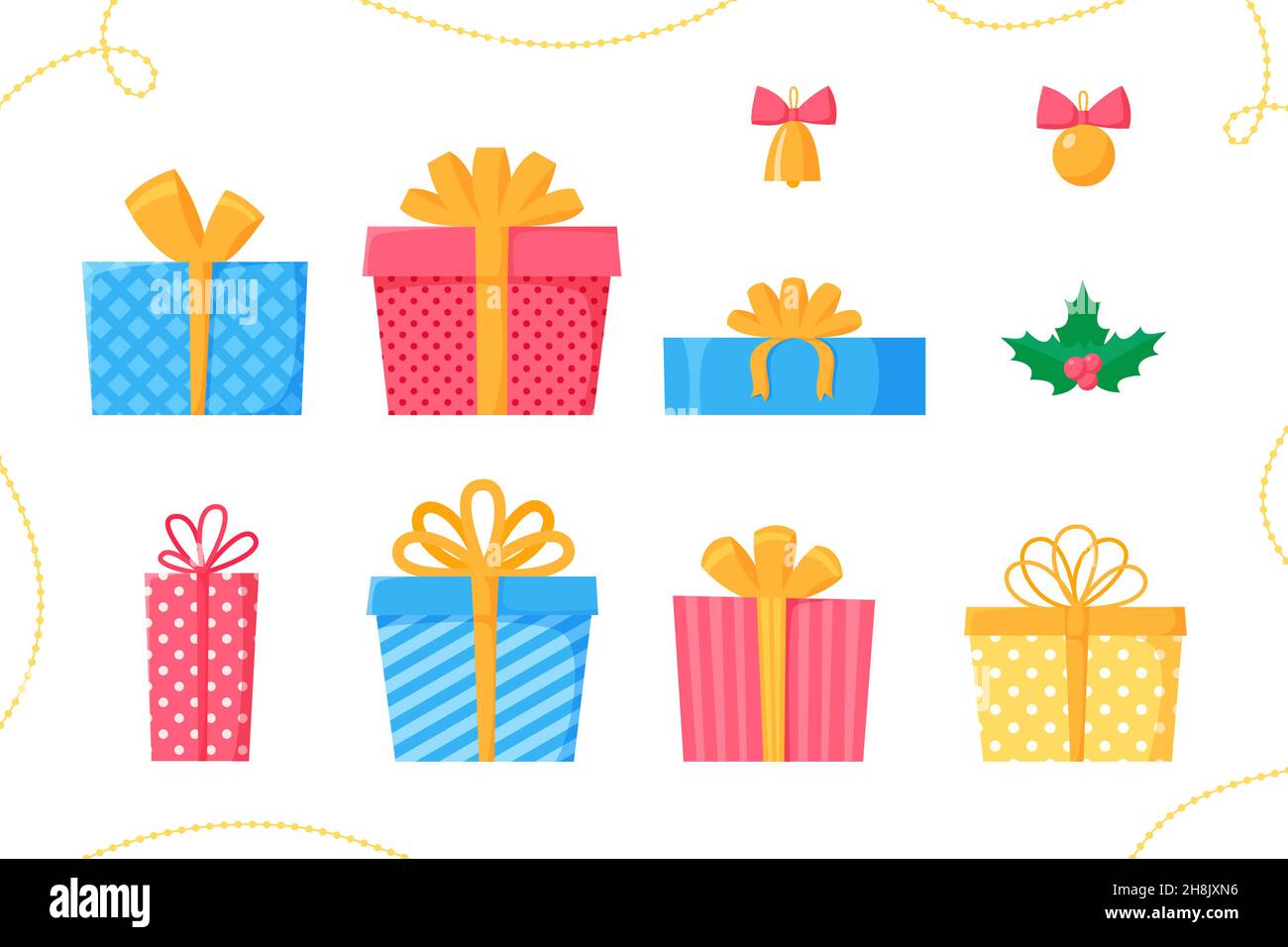 Gift boxes set. Presents and packages with ribbons and bows. Christmas decor, beads, ball, bell, holly collection. Flat vector Stock Vector