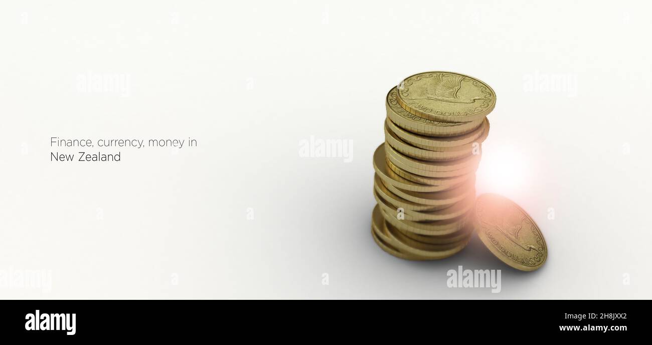 New zealand currency. Isolated coins 3d illustration. Coins piled up with economic, financial, and trade concepts background. Stock Photo