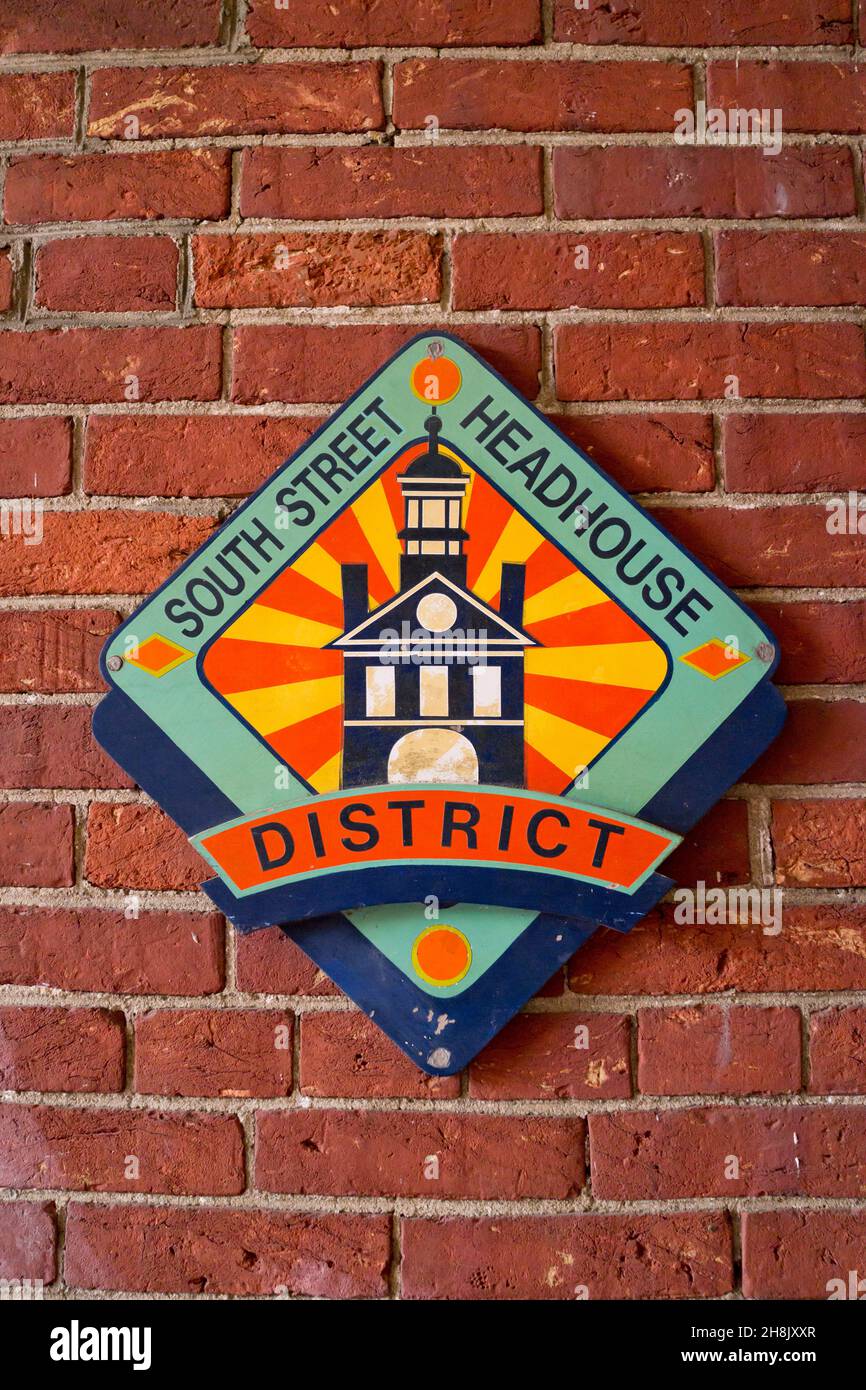 South Street District marker on brick wall at 18th Century market house in Head House Square, in Society Hill, Philadelphia, Pennsylvania, USA Stock Photo