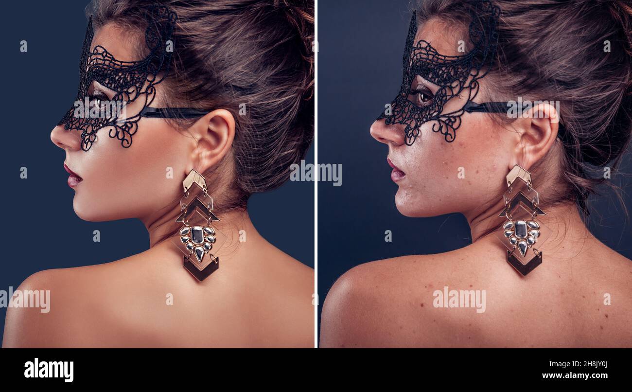 Before and after retouching in editor. Side by side beauty fashion ...