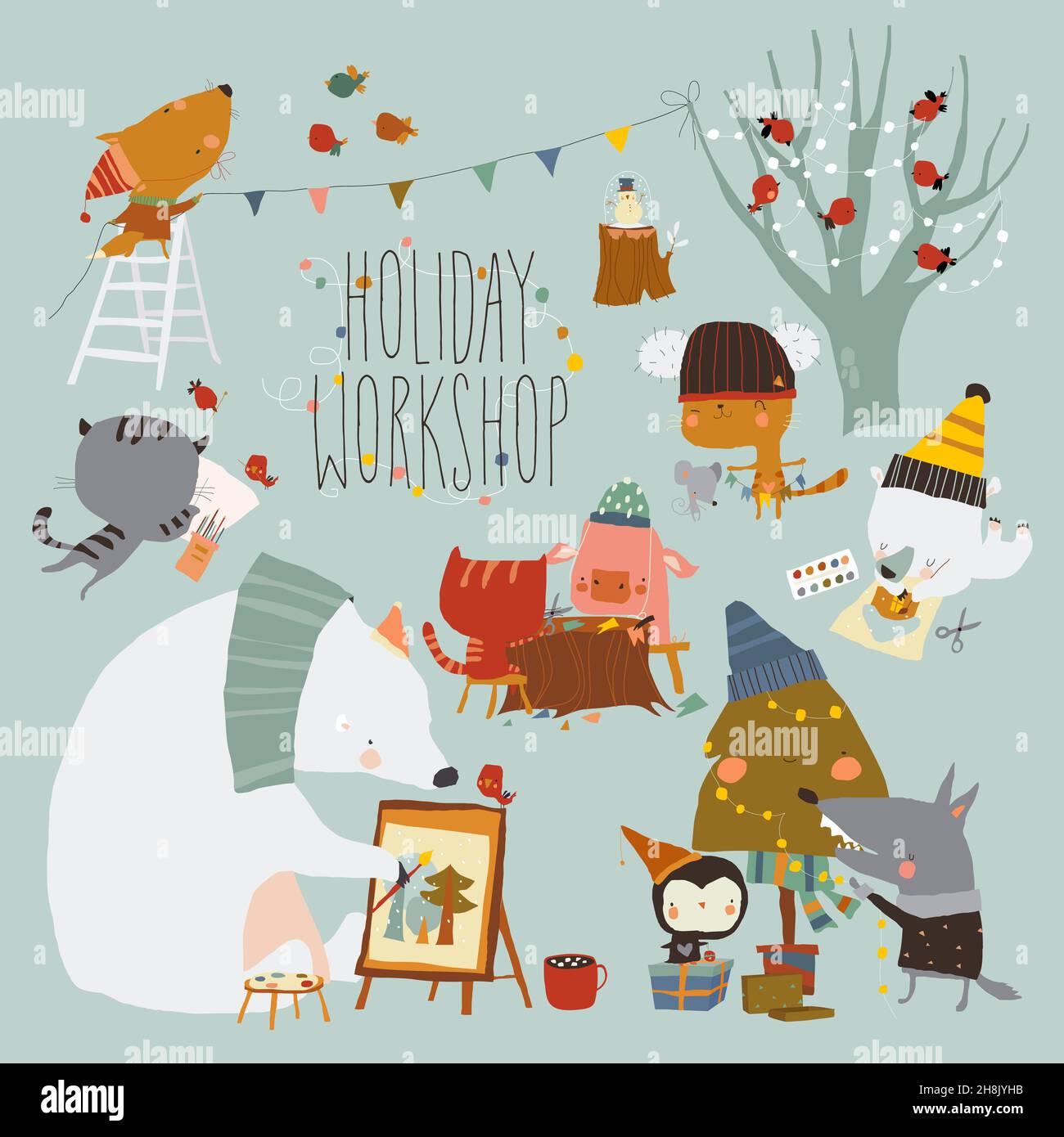 Cartoon Set with Animals getting ready for Christmas,painting,Handiwork. Holidays Workshop Stock Vector