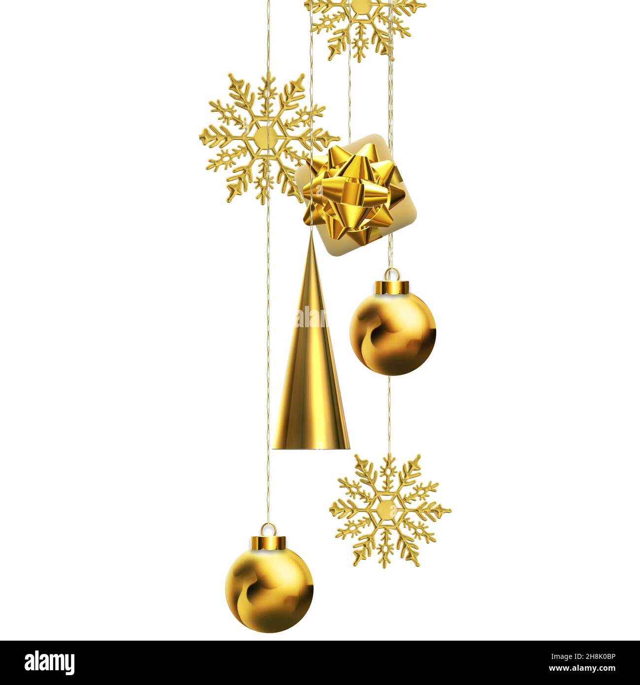 Merry Christmas New Year design isolated on white. Gold Xmas tree,  snowflakes 3D Xmas gift box, image size:1299x1390