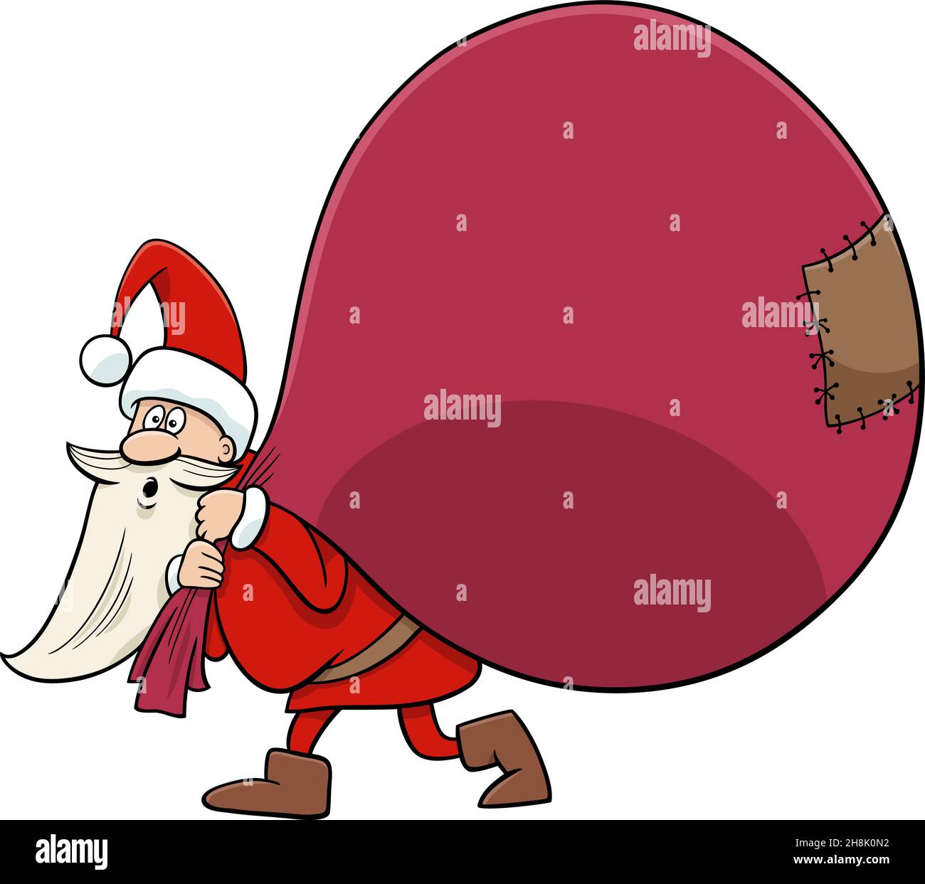 Cartoon illustration of funny Santa Claus character with huge sack of ...