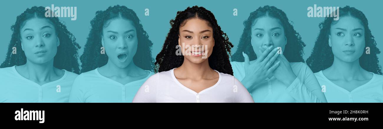 Beautiful mixed race woman showing various emotions, collage Stock Photo