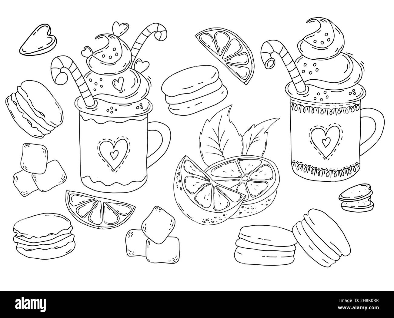 Collection of desserts in style of hand-drawn linear doodles. Cup with cream dessert and straw, Macaroon biscuits, refined sugar and lemon citrus wedg Stock Vector