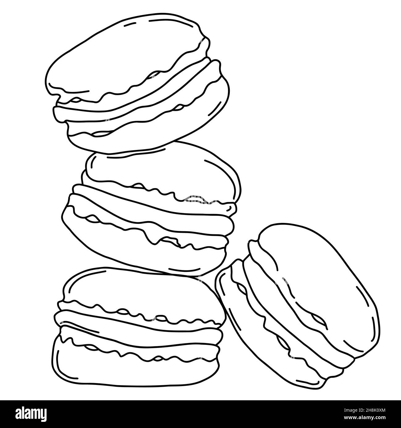 Macoroon cookies. large stack of desserts. Vector illustration. Linear outline drawing Stock Vector