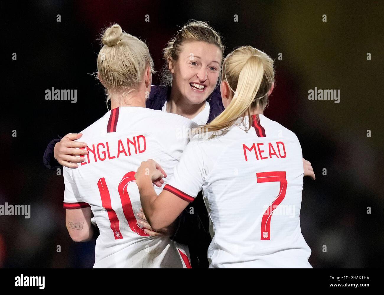 Doncaster, England, 30th Nov 2021. Ellen White of England celebrates with Beth England and Beth Mead  during the FIFA World Cup 2023 - European Qualifying match at the Keepmoat Stadium, Doncaster. Picture credit should read: Andrew Yates / Sportimage Stock Photo